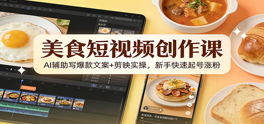 美食短视频创作课：AI辅助写爆款文案+剪映实操，新手快速起号涨粉-得优社