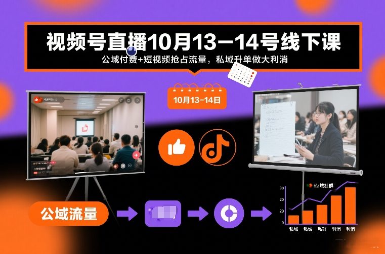视频号直播10月13-14号线下课，公域付费+短视频抢占流量，私域升单做大利消-得优社