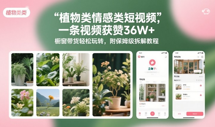 植物类情感类短视频，一条视频获赞36W+，橱窗带货轻松玩转，附保姆级拆解教程-得优社