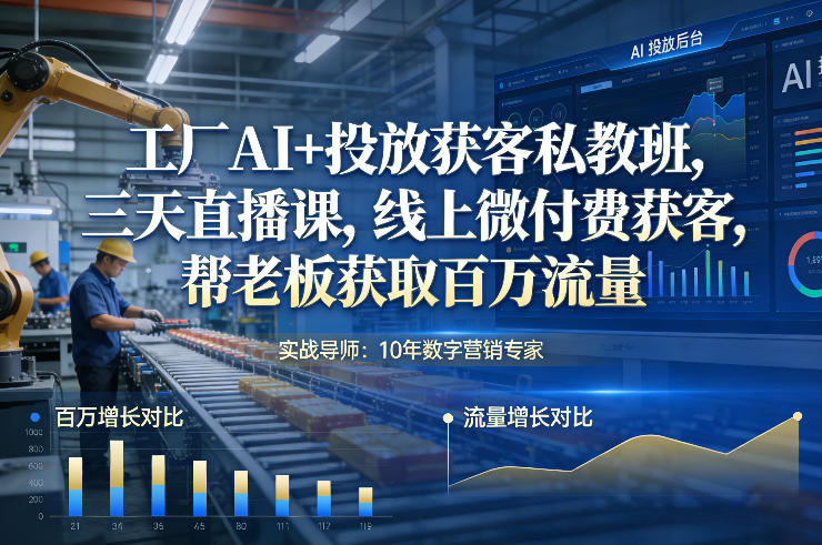 工厂AI+投放获客私教班，三天直播课，线上微付费获客，帮老板获取百万流量-得优社