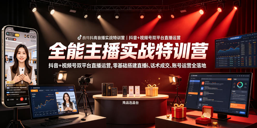 全能主播实战特训营｜抖音+视频号双平台直播运营，零基础搭建直播间、精准选品、话术成交、账号运营全落地-得优社