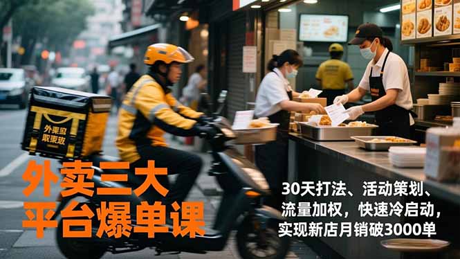 外卖三大平台爆单课，30天打法、活动策划、流量加权，快速冷启动，实现新店月销破3000单-得优社