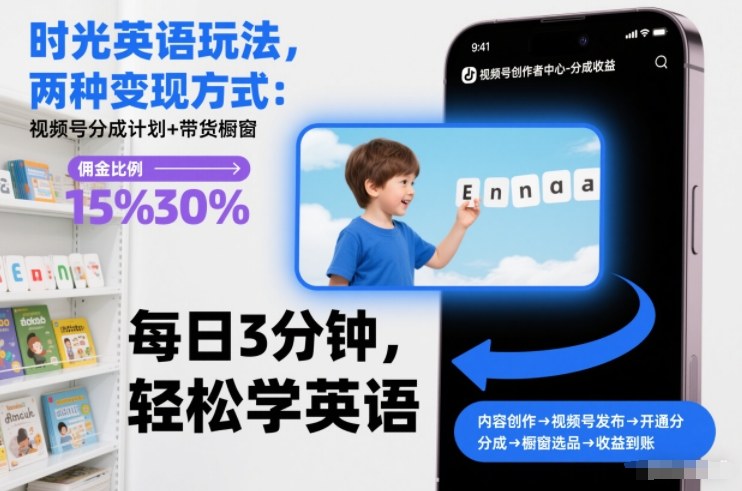 时光英语玩法，两种变现方式：视频号分成计划+带货橱窗-得优社
