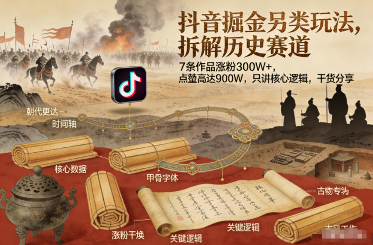 抖音掘金另类玩法，拆解历史赛道，7条作品涨粉300W+，点赞量高达900W，只讲核心逻辑，干货分享-得优社