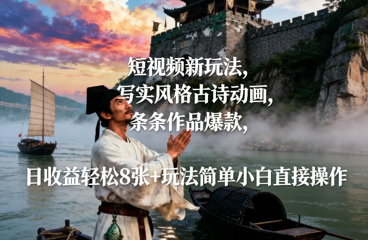 短视频新玩法，写实风格古诗动画，条条作品爆款，日收益轻松8张+玩法简单小白直接操作-得优社