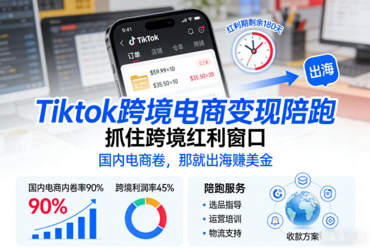 Tiktok跨境电商变现陪跑，抓住跨境红利窗口，国内电商卷，那就出海賺美金-得优社