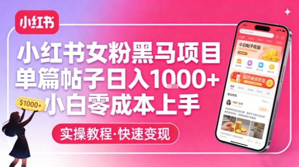小红书女粉黑马项目，单篇帖子日入1k+，小白零成本上手-得优社
