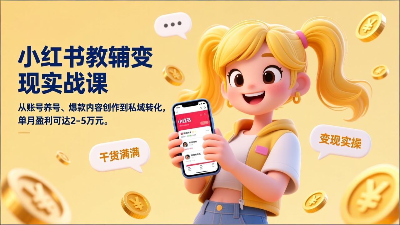 小红书教辅变现实战课，从账号养号、爆款内容创作到私域转化，单月盈利可达2-5万元-得优社