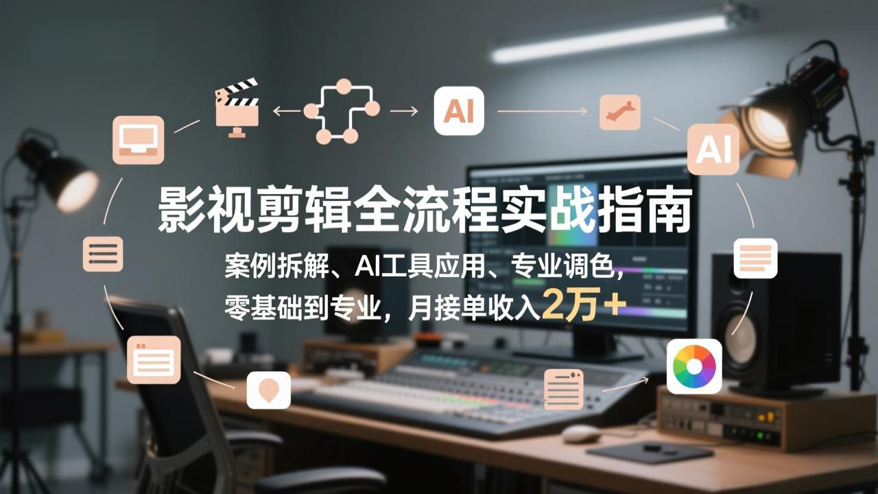 影视剪辑全流程实战指南，案例拆解、AI工具应用、专业调色，零基础到专业，月接单收入2万+-得优社
