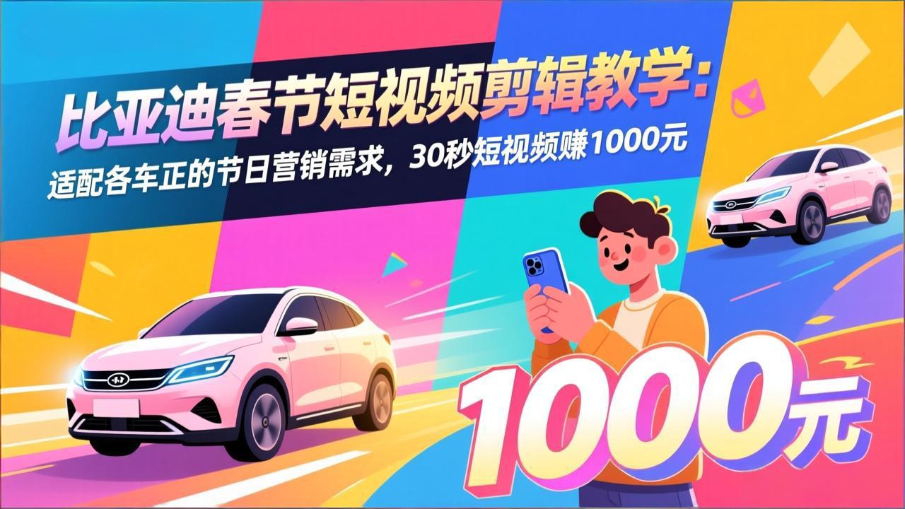 比亚迪春节短视频剪辑教学：适配各车企的节日营销需求，30秒短视频赚1000元-得优社