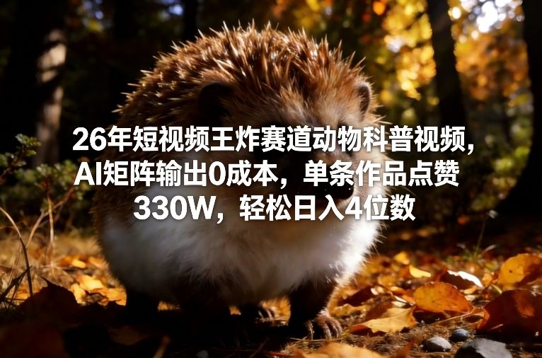 26年短视频王炸赛道动物科普视频，AI矩阵输出0成本，单条作品点赞330W，轻松日入4位数-得优社