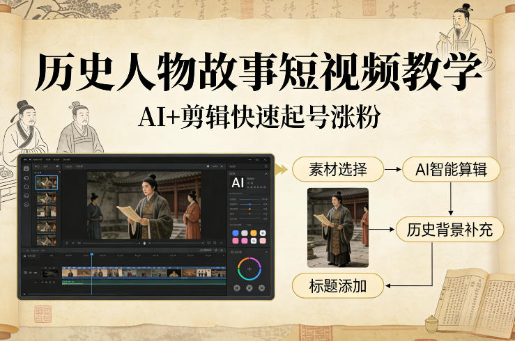 历史人物故事短视频教学，AI+剪辑制作历史人物题材短视频，快速起号涨粉-得优社