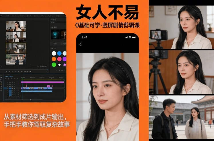 0基础可学！《女人不易》竖屏剧情剪辑课，从素材筛选到成片输出，手把手教你驾驭复杂故事-得优社