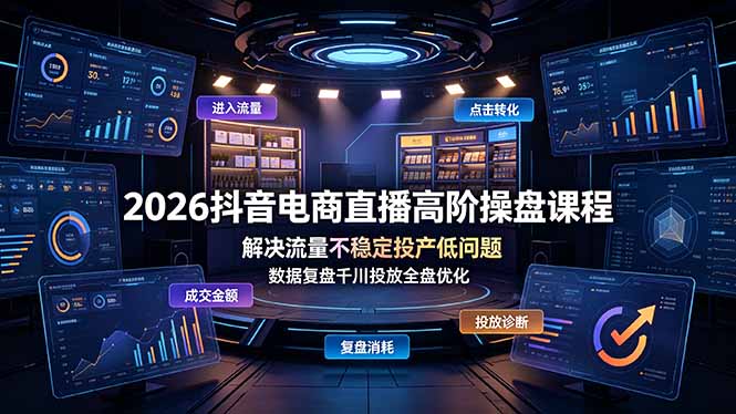 2026抖音电商直播高阶操盘课程，解决流量不稳定投产低问题，数据复盘千川投放全盘优化-得优社