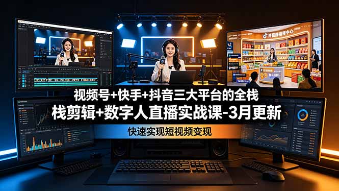 视频号+快手+抖音三大平台的全栈剪辑+数字人直播实战课-3月更新：快速实现短视频变现-得优社