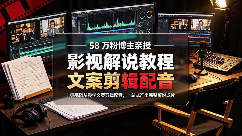 58 万粉博主荧幕春秋亲授影视解说教程｜零基础从零学文案剪辑配音，一站式产出完整解说成片-得优社