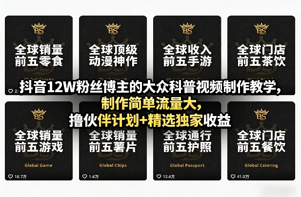 抖音12W粉丝博主的大众科普视频制作教学，制作简单流量大，撸伙伴计划+精选独家收益-得优社