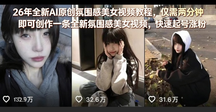 26年全新AI原创氛围感美女视频教程，仅需两分钟即可创作一条全新氛围感美女视频，快速起号涨粉-得优社