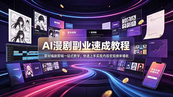 AI漫剧副业速成教程，取材编剧剪辑一站式教学；快速上手实现内容变现接单增收-得优社