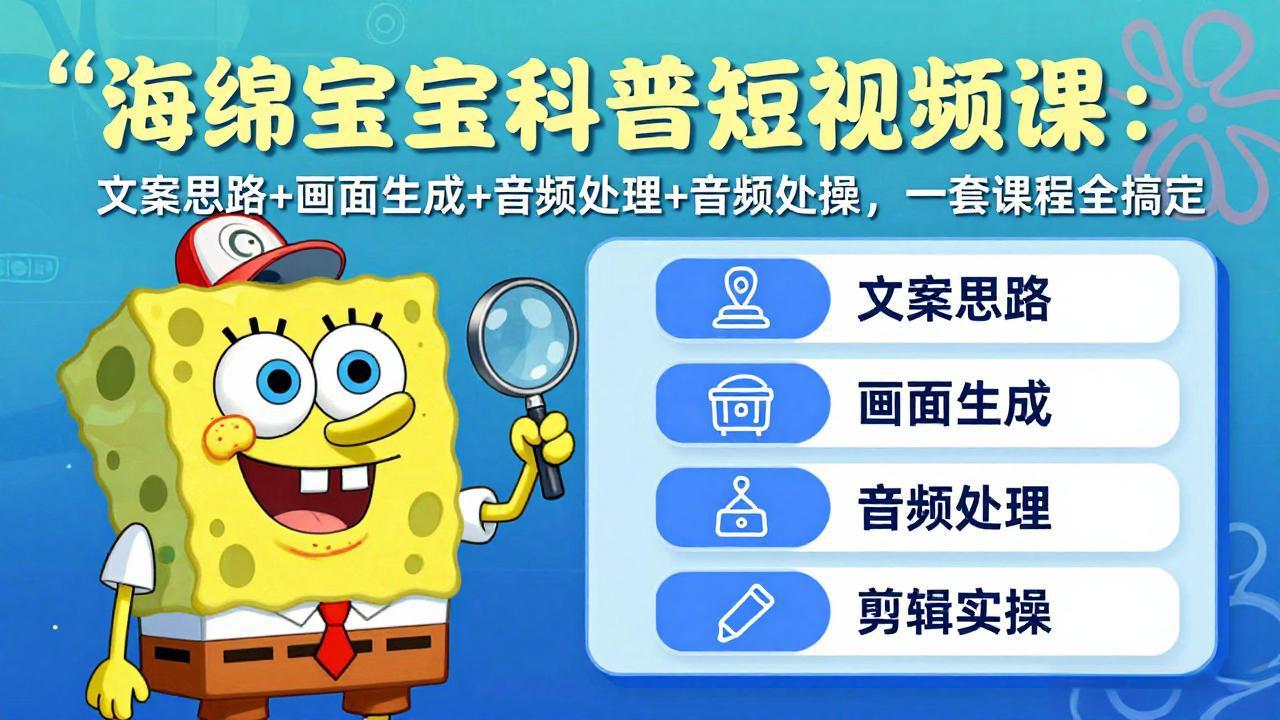 海绵宝宝科普短视频课：文案思路+画面生成+音频处理+剪辑实操，一套课程全搞定-得优社