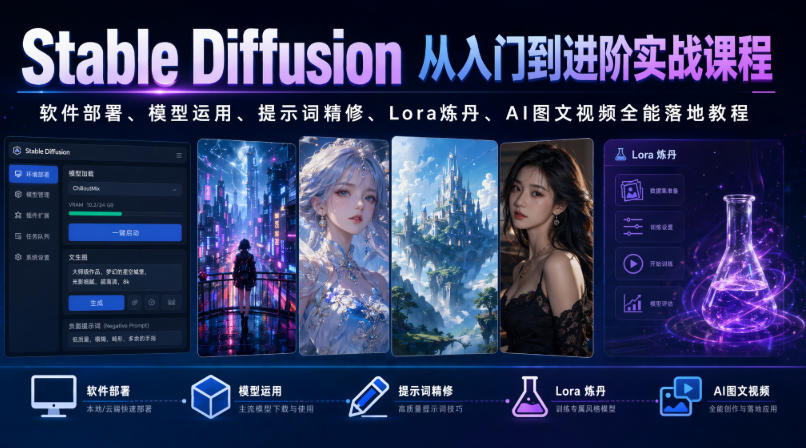 Stable Diffusion从入门到进阶实战课程｜软件部署、模型运用、提示词精修、Lora炼丹、AI图文视频全能落地教程-得优社