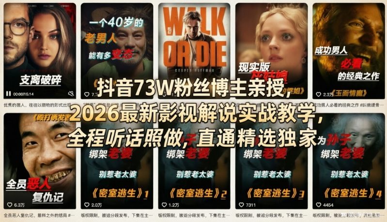 抖音73W粉丝博主亲授，2026最新影视解说实战教学，全程听话照做，直通精选独家-得优社