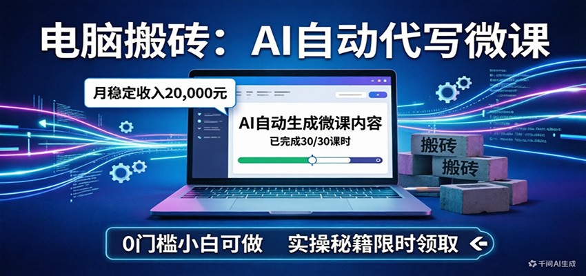 电脑搬砖AI自动代写微课，月稳定2W，0门槛小白可做，实操秘籍-得优社