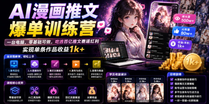 AI漫画推文爆单训练营，一台电脑，零基础可做，吃透百亿推文赛道红利，实现单条作品收益1k+-得优社