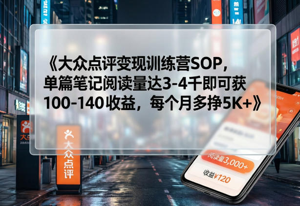 大众点评变现训练营SOP，单篇笔记阅读量达3-4千即可获100-140收益，每个月多挣5K+-得优社
