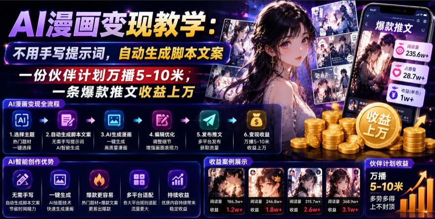 AI漫画变现教学：不用手写提示词，自动生成脚本文案，一份伙伴计划万播5-10米，一条爆款推文收益上W-得优社