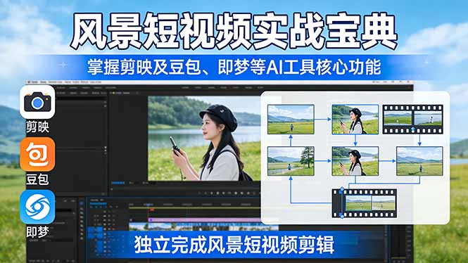 风景短视频实战宝典：掌握剪映及豆包、即梦等AI工具的核心功能，独立完成风景短视频剪辑-得优社