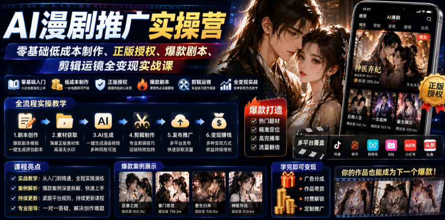 AI漫剧推广实操营｜零基础低成本制作、正版授权、爆款剧本、剪辑运镜全变现实战课-得优社