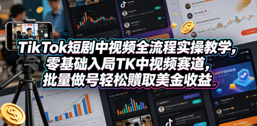 TikTok短剧中视频全流程实操教学,零基础入局TK中视频赛道,批量做号轻松賺取美金收益-得优社