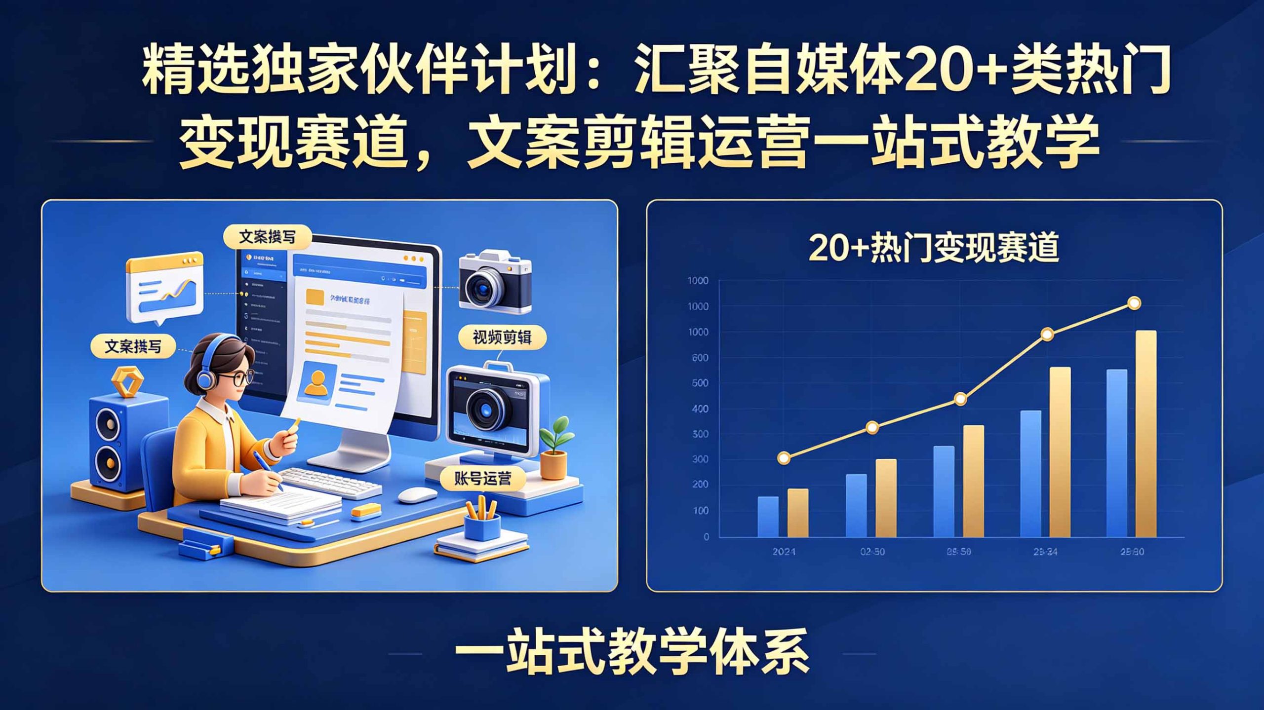 精选独家伙伴计划：汇聚自媒体20+类热门变现赛道，文案剪辑运营一站式教学-得优社