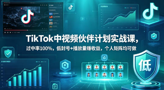TikTok中视频伙伴计划实战课，过中率100%，低封号+播放量賺收益，个人矩阵均可做-得优社
