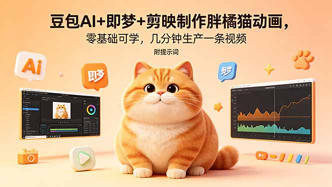 豆包AI+即梦+剪映制作胖橘猫动画，零基础可学，几分钟生产一条视频，附提示词-得优社