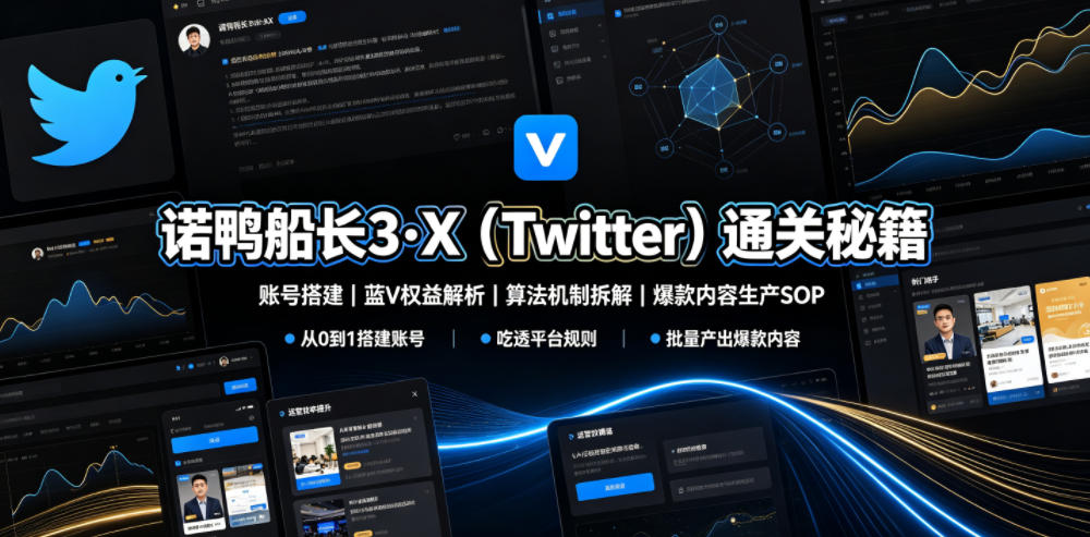 诺鸭船长3·X(Twitter)通关秘籍，涵盖账号搭建、蓝V权益解析、算法机制拆解及爆款内容生产SOP-得优社