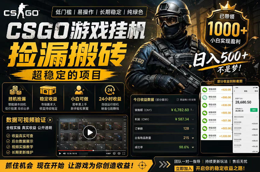 CSGO游戏搬砖，全自动挂G，不需要玩游戏，手机操作日入300+，解放双手【揭秘】-得优社
