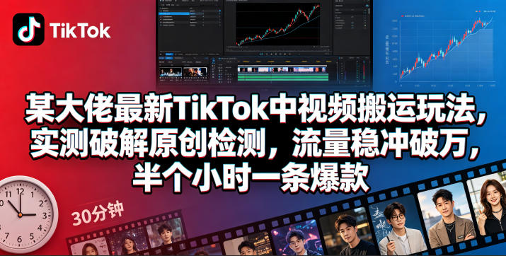 某大佬最新TikTok中视频搬运玩法，实测破解原创检测，流量稳冲破万，半个小时一条爆款-得优社