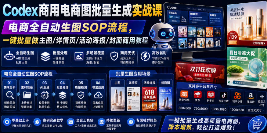 Codex商用电商图批量生成实战课｜电商全自动生图SOP流程，一键批量做主图/详情页/活动海报/封面商用教程-得优社