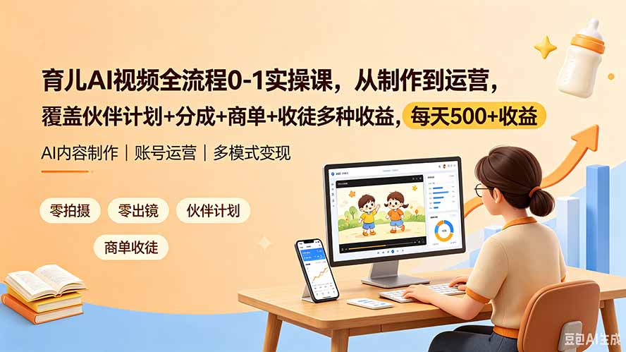 育儿AI视频全流程0-1实操课，从制作到运营，覆盖伙伴计划+分成+商单+收徒多种收益，每天500+收益-得优社