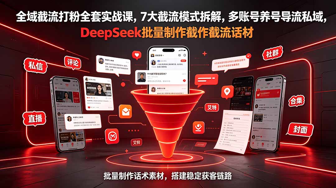 全域截流打粉全套实战课，7大截流模式拆解，多账号养号导流私域，DeepSeek批量制作截流话术素材-得优社