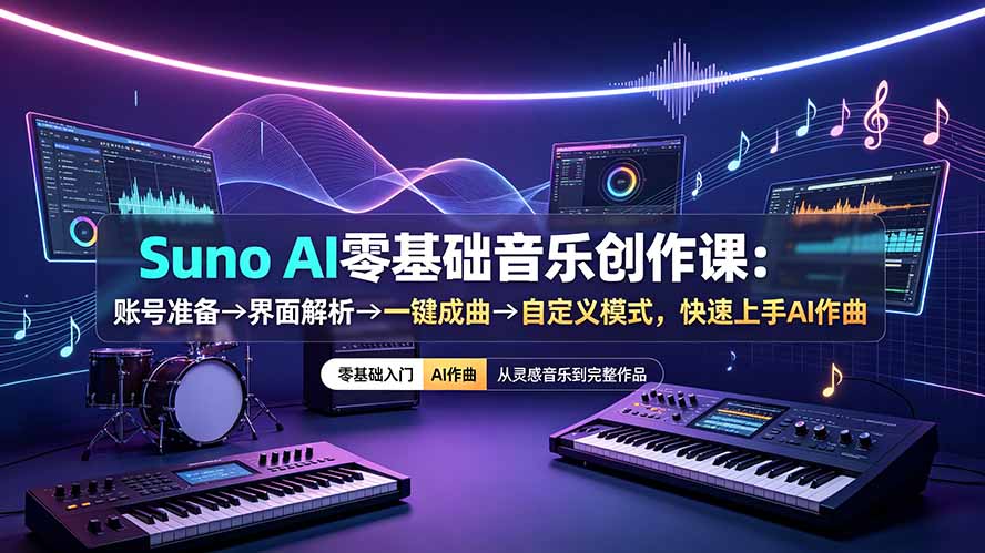 Suno AI零基础音乐创作课：账号准备→界面解析→一键成曲→自定义模式，快速上手AI作曲-得优社