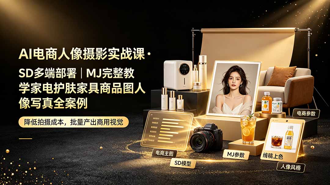AI电商人像摄影实战课·SD多端部署｜MJ完整教学｜家电护肤家具商品图人像写真全案例-得优社