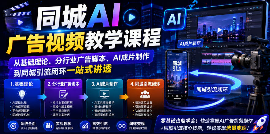 同城AI广告视频教学课程，从基础理论、分行业广告脚本、AI成片制作到同城引流闭环一站式讲透-得优社