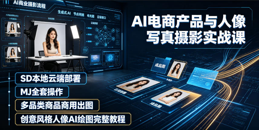AI电商产品与人像写真摄影实战课｜SD本地云端部署、MJ全套操作、多品类商品商用出图、创意风格人像AI绘图完整教程-得优社