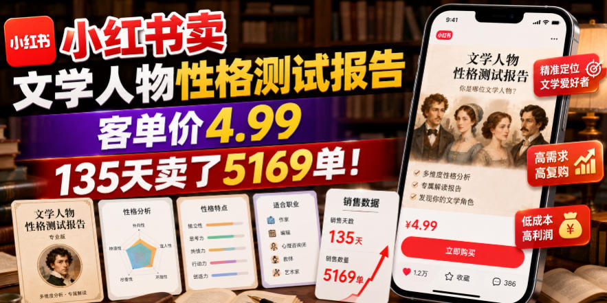 小红书卖文学人物性格测试报告，客单价4.99，135天卖了5169单！-得优社
