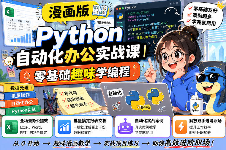漫画版Python自动化办公实战课｜零基础趣味学编程，全场景办公提效、批量搞定报表文档、解放双手进阶职场-得优社