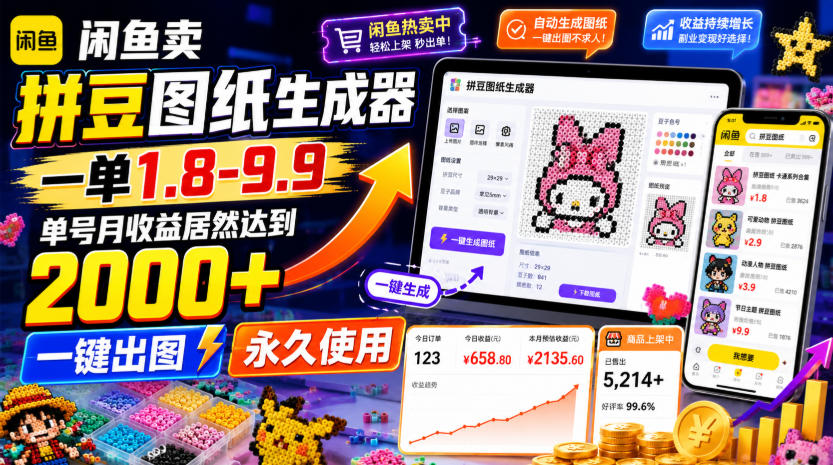 闲鱼卖拼豆图纸生成器，一单1.8-9.9，单号月收益居然达到2000+一键出图永久使用-得优社
