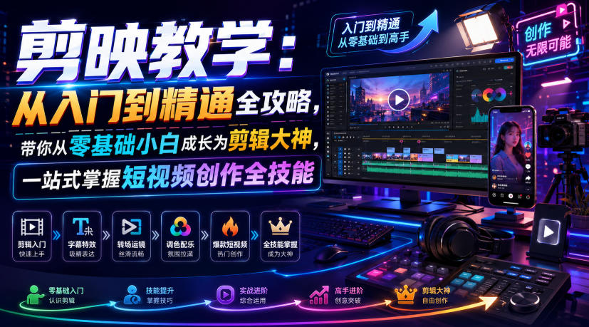 剪映教学：从入门到精通全攻略，带你从零基础小白成长为剪辑大神，一站式掌握短视频创作全技能-得优社